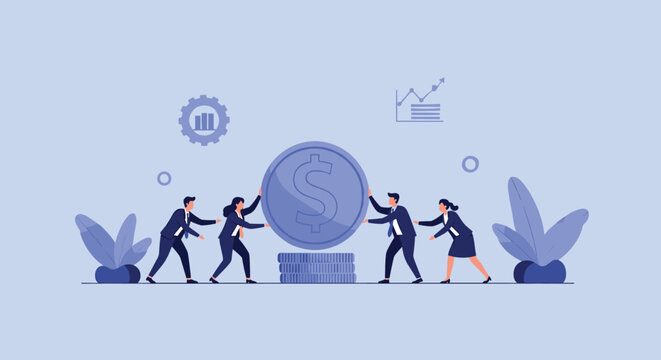 Group of business people working together to push a massive silver dollar coin into a stack for financial savings.