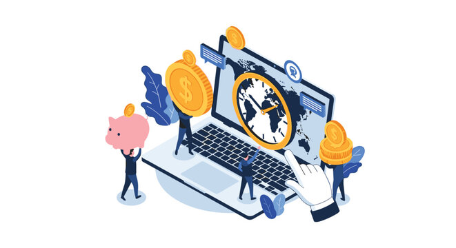 Tiny business figures managing global finance and savings around a large laptop showing a world map clock.
