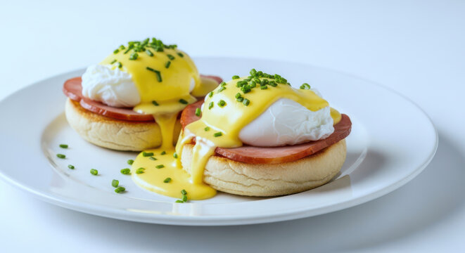 Eggs benedict on a white plate
