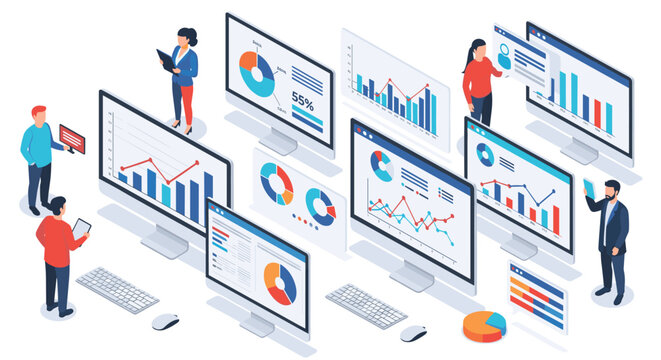 Large team of analysts and managers monitoring multiple computer screens filled with colorful data charts and graphs.