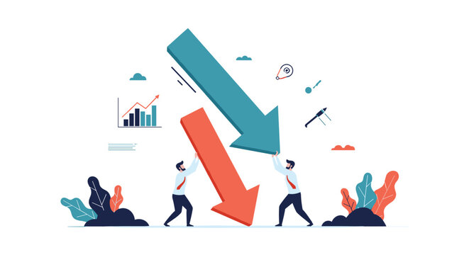 Two business professionals struggling to push back against large falling arrows representing a market downturn or crisis.