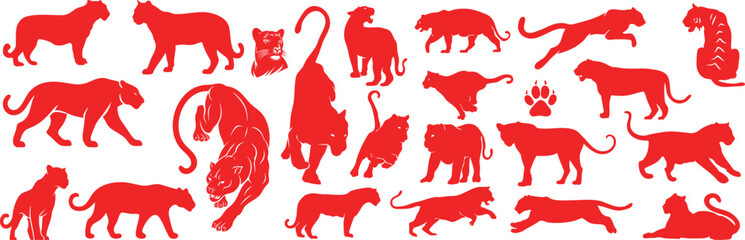 Red safari animal panther, tiger, leopard silhouette vector pack with jungle wildlife icons and hand drawn predator illustration collection © Ms Rozi