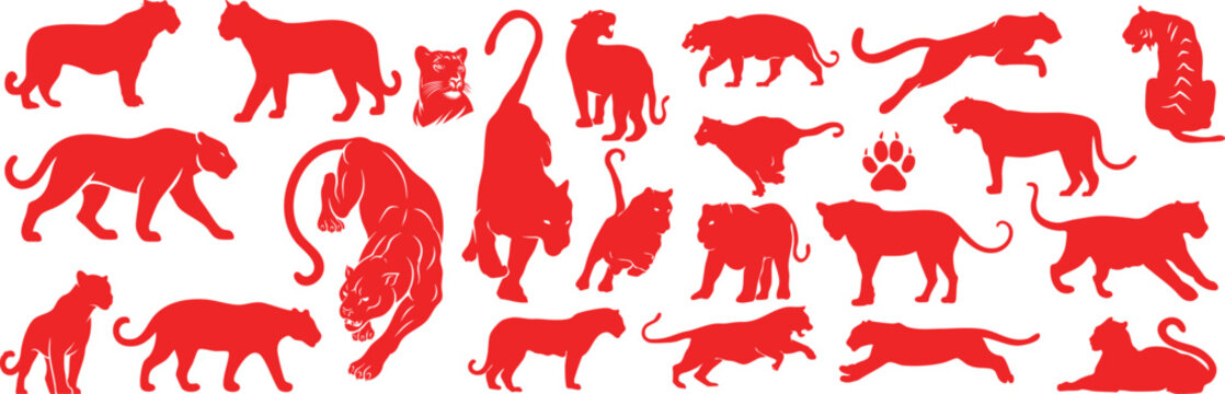 Red safari animal panther, tiger, leopard silhouette vector pack with jungle wildlife icons and hand drawn predator illustration collection