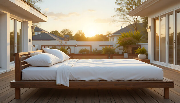 Wooden daybed on deck, white bedding, sunset view, residential backyard patio outdoor bed
