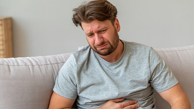 Unwell man sitting on a sofa at home, suffering from a painful headache and stomach ache at the same time.