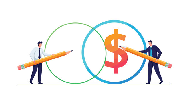 Two businessmen using giant pencils to draw two overlapping circles that contain a large orange dollar symbol.