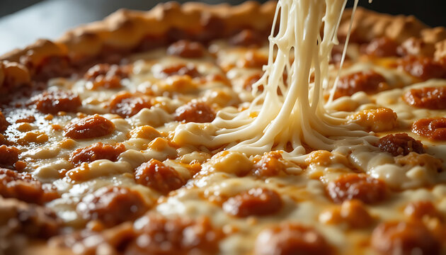 Melting cheese on a chicken pizza, close-up food