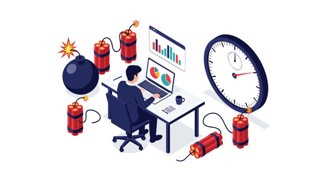 Stressed businessman working on a laptop while surrounded by ticking bombs and dynamite representing tight deadlines and pressure.