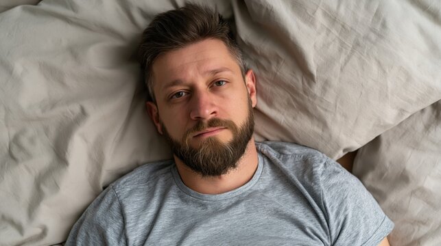 Tired young man lying awake in bed at night suffering from insomnia and sleep deprivation while staring at the ceiling.