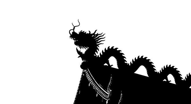 Silhouette of a majestic dragon sculpture perched on a temple roof against a stark white background