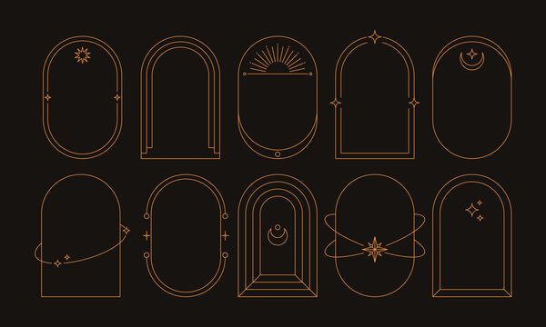 Boho arch frames. Art deco golden line door and window  silhouettes with mystic celestial minimalist elements, geometric golden esoteric borders with simple magic oval arcs. Vector set