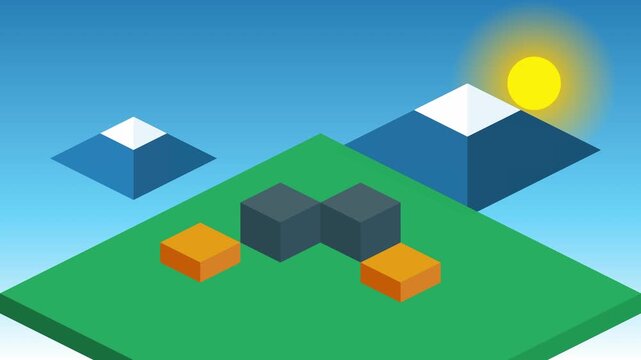 Isometric gray industrial factory with three tall smokestacks emitting black smoke stands on green platform with orange blocks beside snow-capped mountains under sunny blue sky.