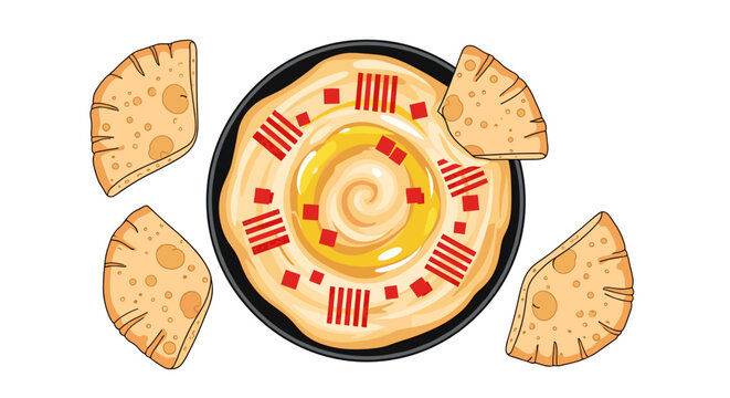 Illustration of creamy hummus with vibrant red garnishes in a black bowl, surrounded by slices of warm pita bread, on a clean white background