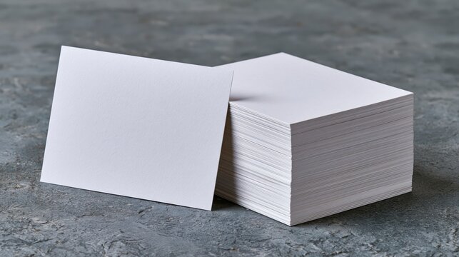 Blank white card resting beside a large stack of identical business cards on a neutral clean surface for mockup presentation.
