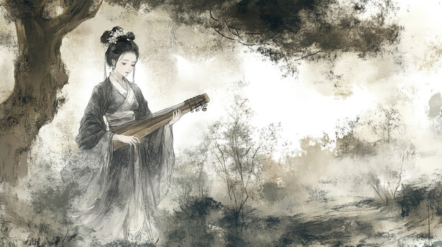 Woman in Tang dynasty attire holding ancient Chinese zither strolling woods ink wash full portrait delicate face dark gray dress white cuffs beneath tree misty background hair upcast hands high playin