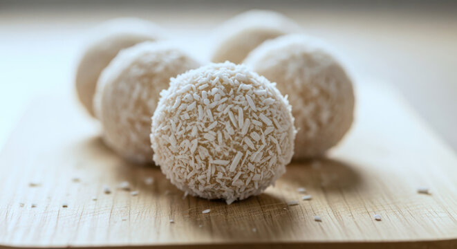Coconut rice balls on a wooden board