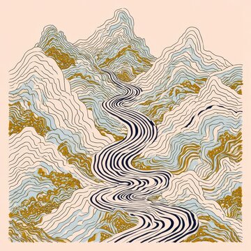 Abstract Topographic Mountain Landscape Illustration with Winding Rive