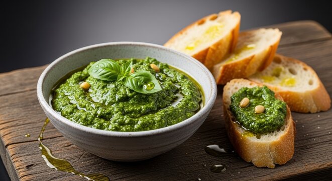 Fresh green basil pesto in a rustic bowl served with crusty toasted baguette slices on a weathered wooden board with olive oil drizzles, savory, parmesan, sauce