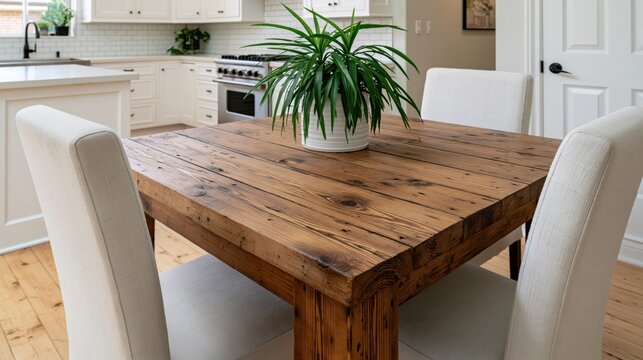 Close up of a decorative houseplant on a solid oak table in a sunlit kitchen with blurred cupboards in background.
