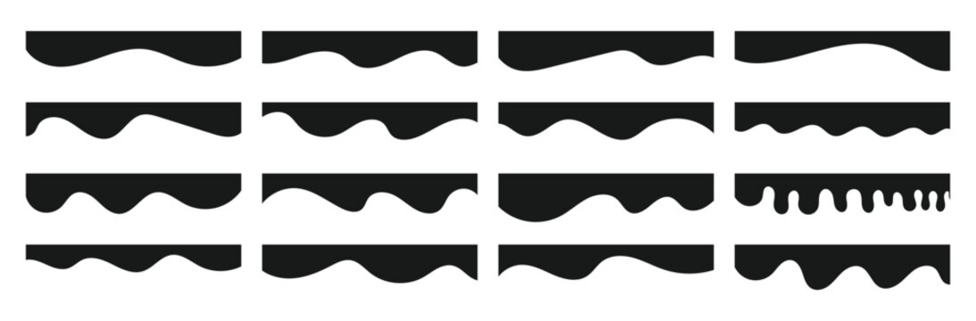 Collection of wavy black decorative border for web design element vector. Website divider border vector illustration. Collection of dividers shape black templates, Black curve top headline vector.