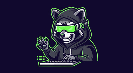 Fototapeta premium Raccoon gamer mascot in hoodie using keyboard with neon glasses