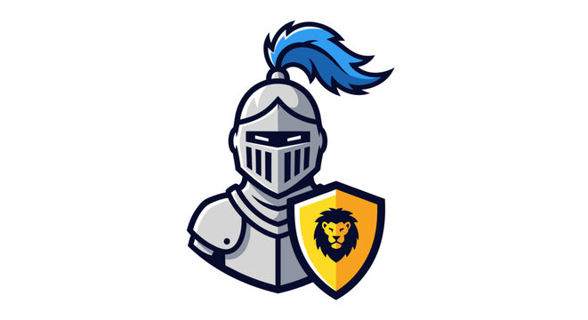 Silver medieval knight mascot with blue plume and lion shield