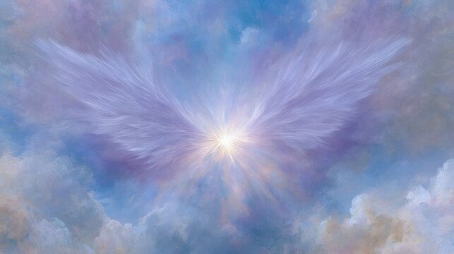 Majestic angelic wings made of pure light spreading across a dreamlike sunset horizon with soft pink and blue hues.