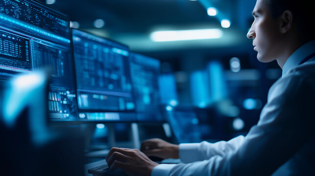 Faceless cybersecurity expert monitoring complex data streams on multiple screens in a dark control room. Defocused background. Complex data streams, multiple screens, dark