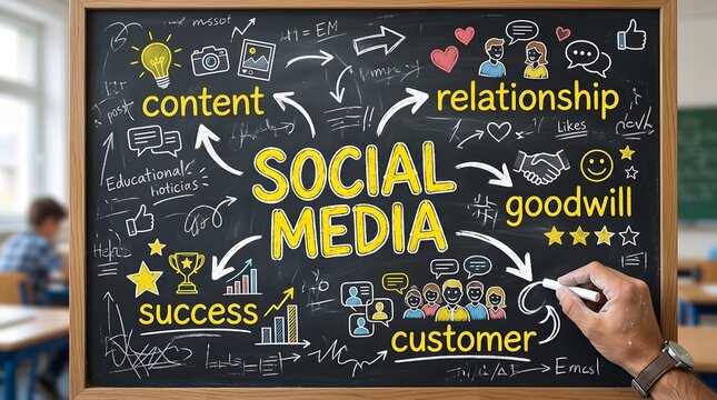 Social media marketing concept chalkboard illustration with key terms