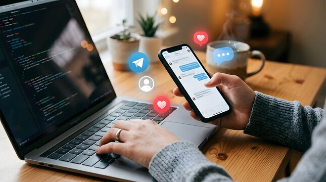 Developer using laptop and smartphone with social media notifications