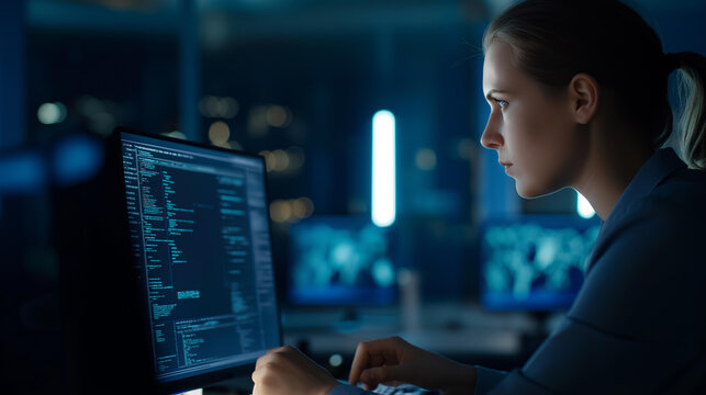 Faceless female cyber security specialist typing code to protect a digital system from threats in a dark blue control room at night. Defocused background. Female cybersecurity,