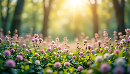 Fototapeta premium Pink and white wildflowers in a sunlit forest glade, trees in background, pink flowers white flowers