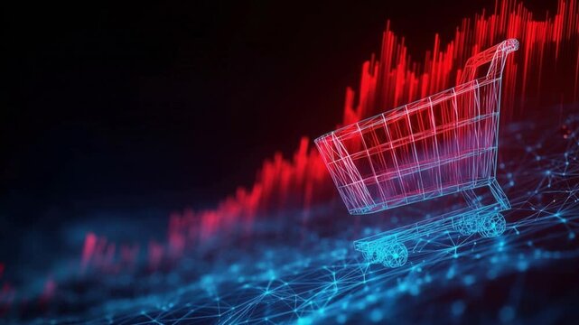 A digital rendering of an empty shopping cart superimposed against a backdrop of financial data. ..Created with Generative AI, not depicting real subjects.