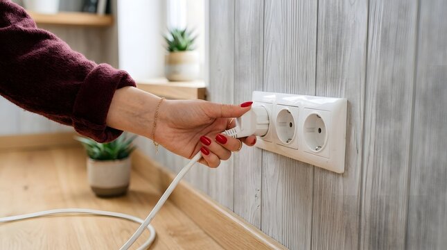 Woman hand plugging white electric cord cable into wall socket outlet at home showing electricity power connection energy saving household electrical safety