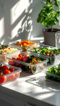 A kitchen counter with various salads in containers (1)