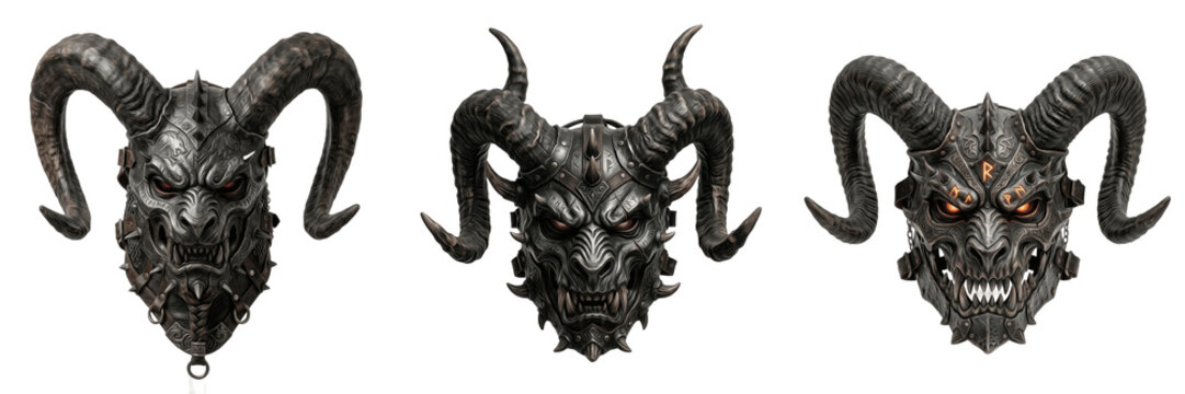 Menacing Horned Demon Skull Mask PNG, Gothic Devil Skeleton Head Isolated on Transparent Background for Horror & Fantasy Art