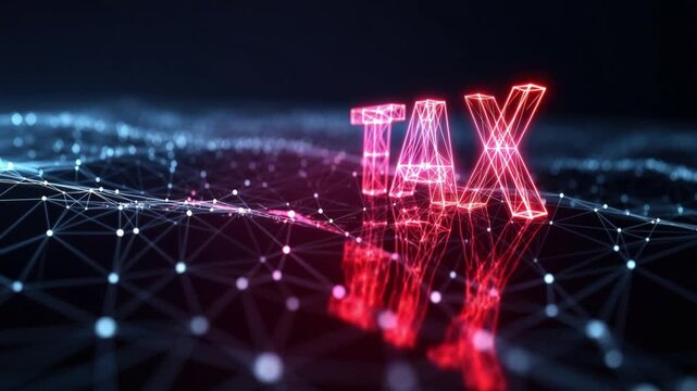 Illuminated Tax concept, a digital rendering with vibrant, glowing red lettering, over a futuristic digital network landscape. ..Created with Generative AI, not depicting real subjects.