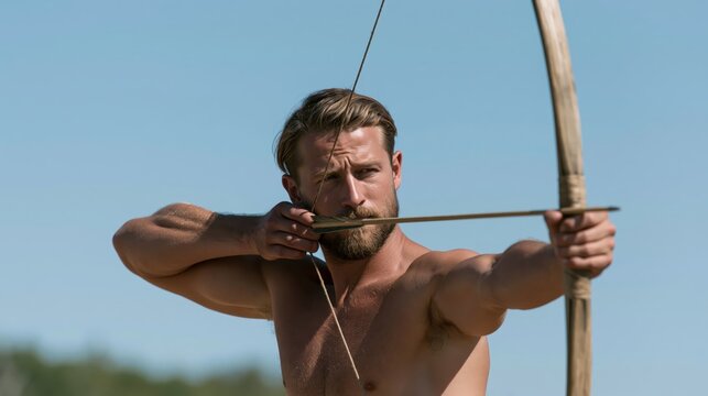 Archer pulling string of wooden bow during practice session under bright daylight in open field.