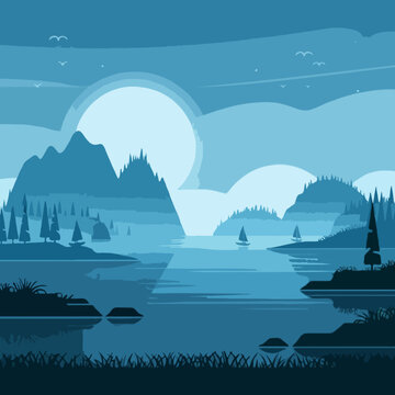 Minimalist flat vector landscape of a peaceful lake at night with mountains and sailboats in blue monochrome style.