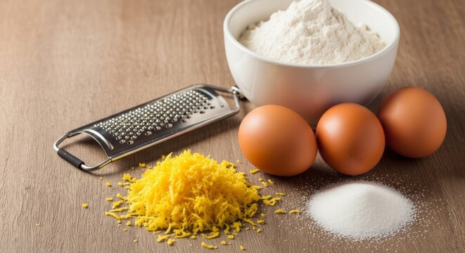 Fresh yellow lemon zest scattered over a wooden surface with a bowl of white flour, organic brown eggs, sugar, and a metal zester tool, baking, still life, background