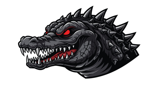 Menacing black alligator head mascot illustration, adorned with sharp spikes and featuring intense glowing red eyes with a fierce expression.