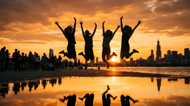 Chicago skyline sunset with jumping friends celebrating together