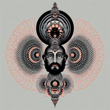 Intricate Psychedelic Mandala Illustration with Bearded Man Face and G
