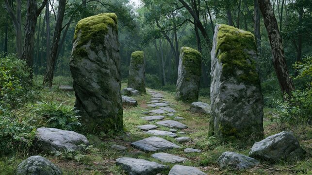 Mossy stone monoliths standing along a narrow dirt path in a lush green temperate forest.