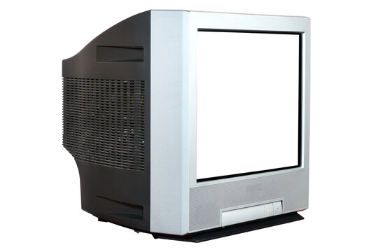Vintage silver flat CRT TV with white screen, isolated on white background.