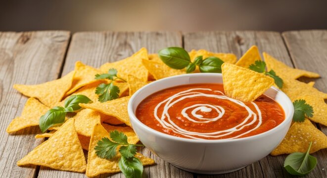 A white ceramic bowl filled with creamy salsa dip sits on a rustic wooden table surrounded by crunchy golden tortilla chips and herbs, ingredients, party, texture