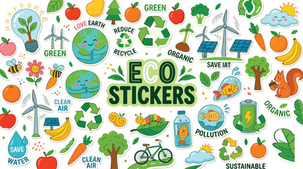 Collection of Cute Eco-Friendly Stickers and Sustainability Icons © Raheela