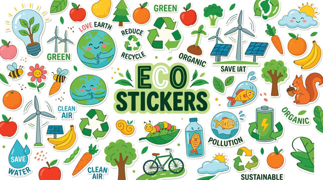 Collection of Cute Eco-Friendly Stickers and Sustainability Icons