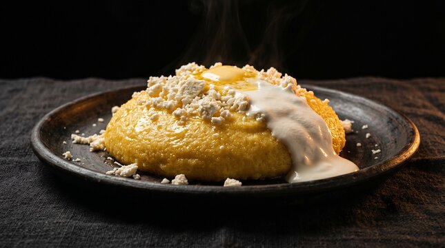 Moldovan Mamaliga Polenta with Sour Cream and Sheep Cheese Dark Moody Eastern European Food Photography