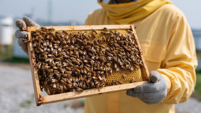 Manual inspection of a bee colony on a golden honeycomb frame held by a professional apiarist.